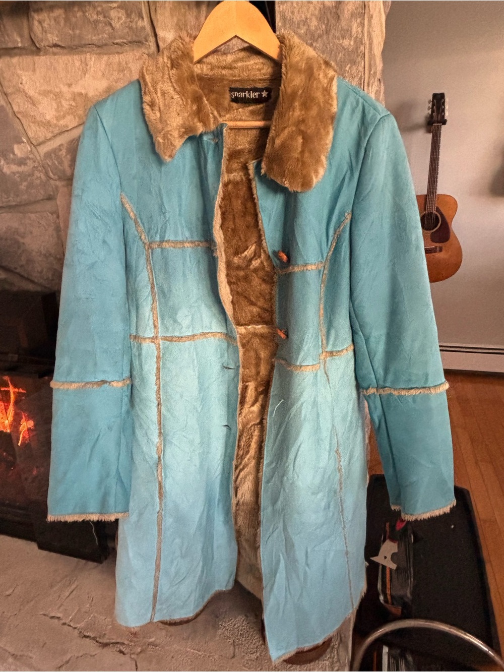 Vintage Y2K Bright Blue Penny Lane Coat Faux Suede Fur Trim S